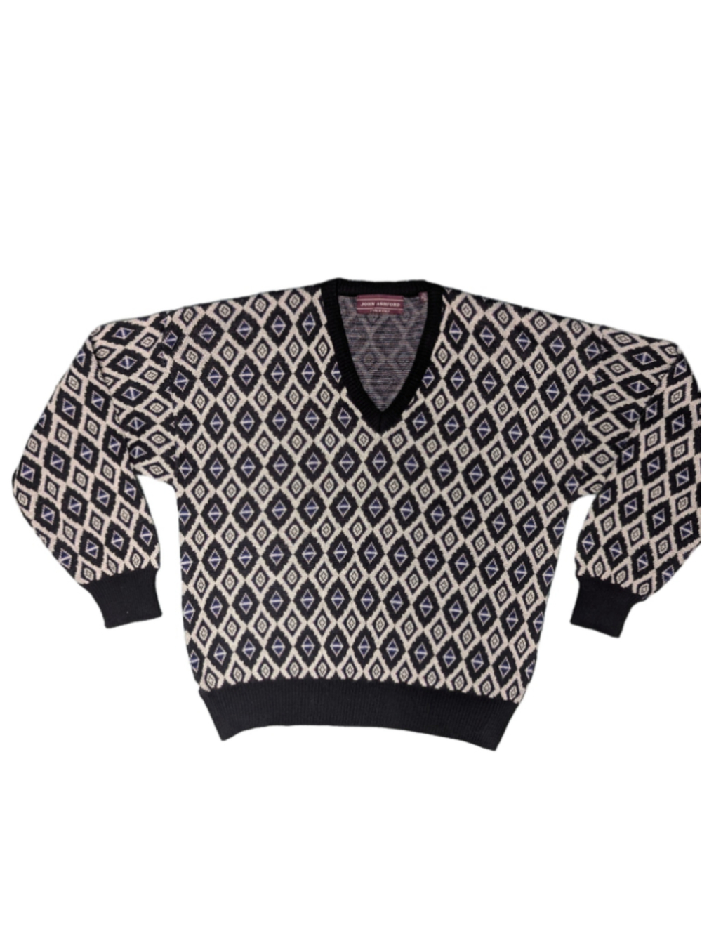 Vintage 90s John Ashford Geometric Diamond Pattern V-Neck Knit Grandpa Sweater L